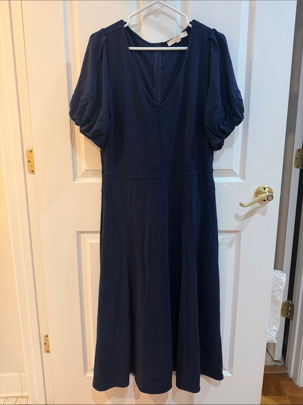 LOFT Navy V-Neck Midi Dress with Puff Sleeves